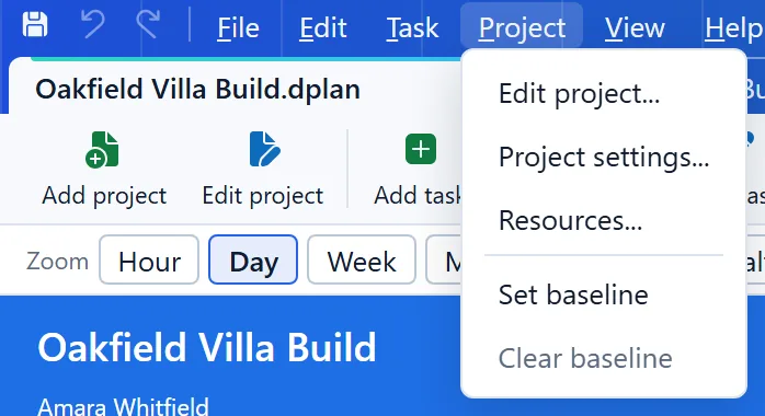 The Project menu