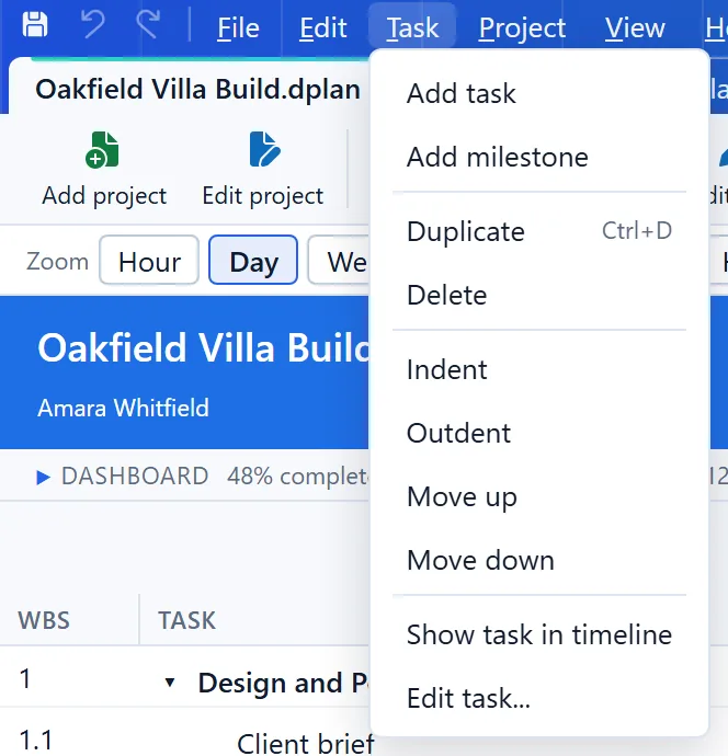 The Task menu
